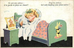 French WWI Postcard Child Like Romance S/A Janser Puppy  & Bunny & Lonely Girl