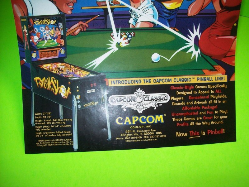 Break Shot Pinball FLYER Capcom 1995 Original NOS Art Sheet Pool Theme Breakshot 