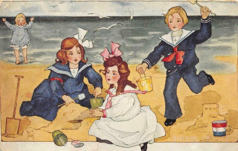 Building Sand Castles Artist-Signed Edwardian Children 1907 Vintage Postcard