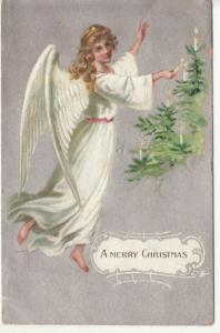 CHRISTMAS  PRETTY ANGEL lights CANDLES on TREE postcard