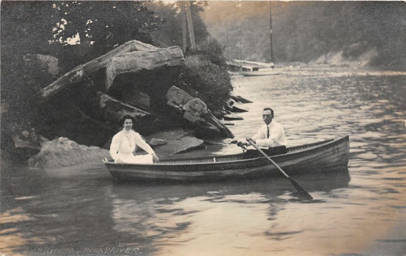 F66/ Rocky River Ohio RPPC Postcard c1911 Rocky River Boaters Man Woman 