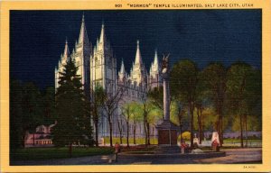 Mormon Temple Night Illuminated Salt Lake City Ut Utah Linen Postcard VTG UNP 