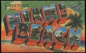 LARGE LETTER Linen Postcard ~ Greetings From MIAMI FLORID...