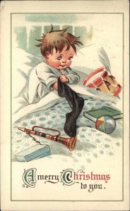 Twelvetrees ? Christmas Little Boy Stocking Toy Horn c1910 Vintage Postcard