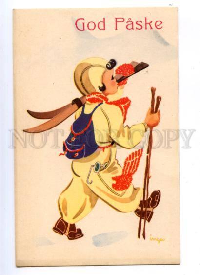 176521 NEW YEAR Boy SKIING by INGA Vintage colorful PC