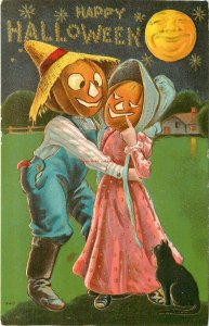 Halloween, Two Pumpkin Heads, Black Cat, Full Moon, No. 240