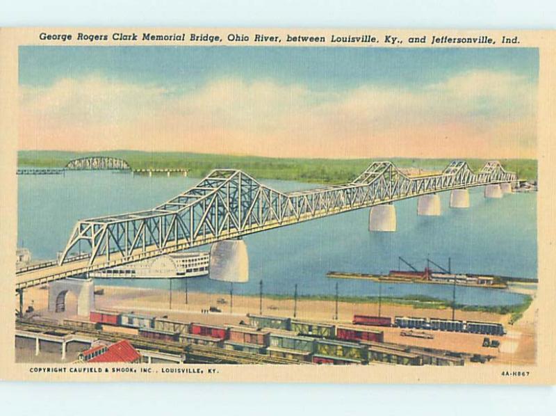 Unused Linen BRIDGE SCENE Jeffersonville Indiana To Louisville Kentucky KY H8202