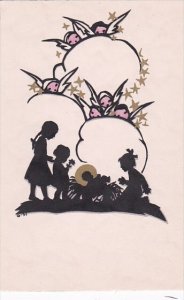 Silhouette Postcard Angels Watching Children and Manger
