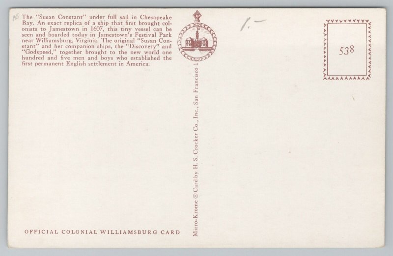 Ship~Chesapeake Bay~Susan Constant under Full Sail~Vintage Postcard 