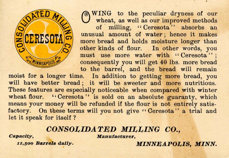 Advertising Trade Card - Ceresota Flour, Consolidated Milling Co    (4.625 X...