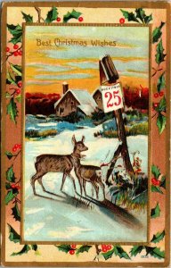 VTG 1909 Winter Cabin Deer Holly Leaves December 25 Christmas Wishes Postcard