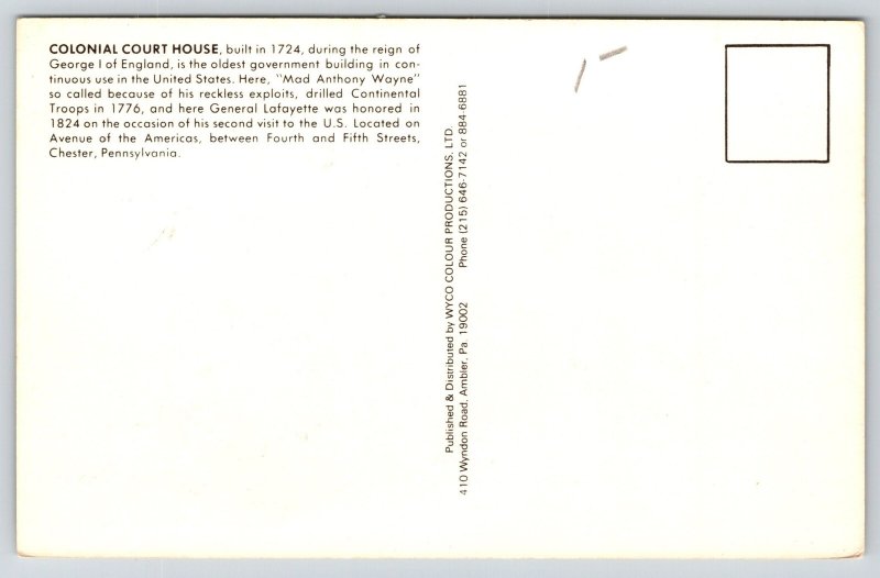 Chester Pennsylvania~Colonial Courthouse~Clock~USA Flag~Cupola~1950s Postcard