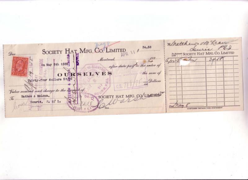 Custom Cheque from Society Hat Mfg Montreal, Quebec, Canada Three Cent Stamp ...