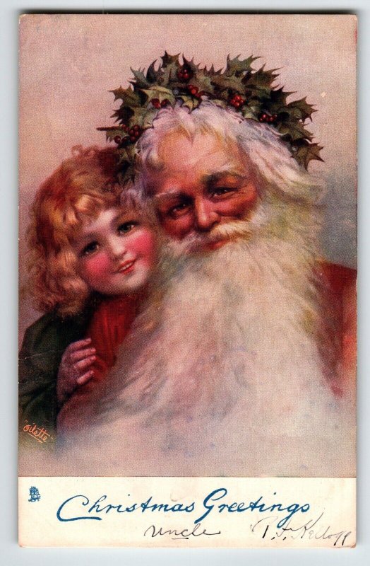 Santa Claus Girl Christmas Postcard Frances Brundage Tuck Series 1822 Oilette