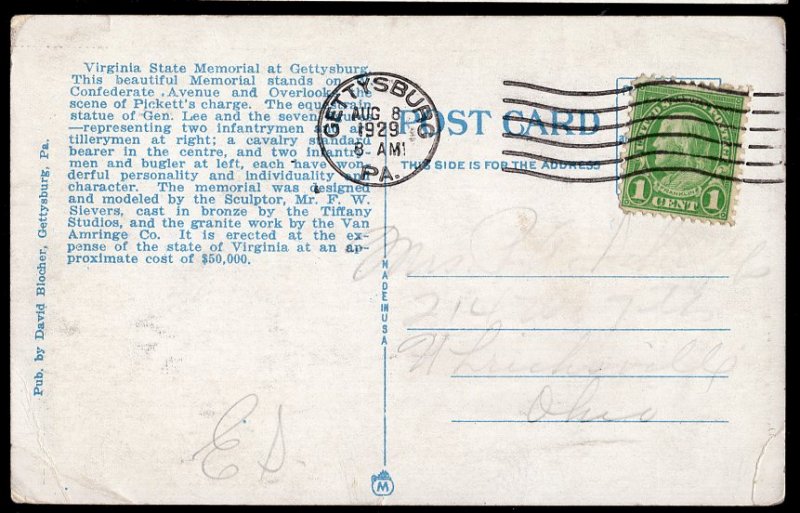 Pennsylvania GETTYSBURG Virginia State Memorial - pm1929 - White Border