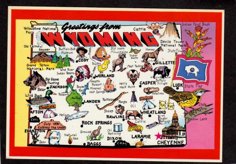 WY Greetings From Wyoming State Map Postcard Laramie Cheyenne Lander Worland