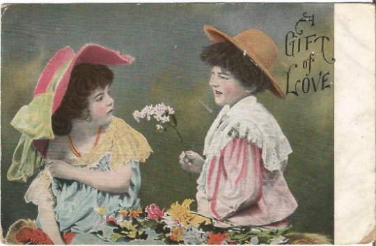 Little boy giving flowers to a little girl Gift of Love Vintage Postcard 1908