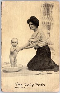 The Daily Bath, 1907 Mother and Baby, Cute Little One on a Tub, Vintage Postcard