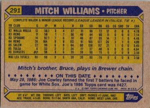 1987 Topps Baseball Card Mitch Williams Texas Rangers sk3511