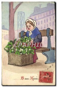 Old Postcard Fancy (drawing hand) Woman Flowers
