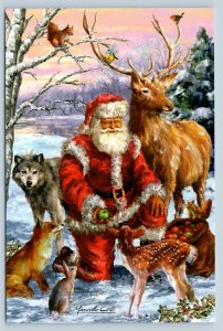 SANTA CLAUS and Forest Animal Red Fox Squirrel Wolf Menagerie New Postcard