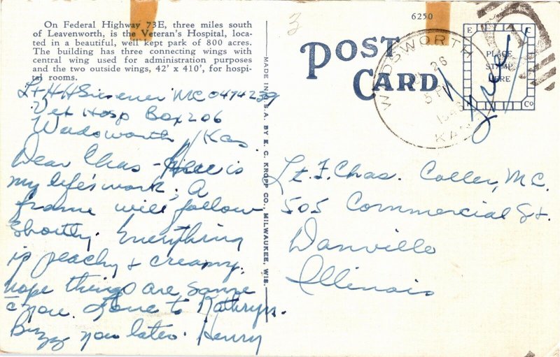 Postcard KS Leavenworth World War II Veterans' Hospital US Army 1946 S86