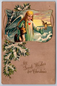 Christmas~Angel Girl~Arm Around Deer~Bird on Finger~Snowy Pine~Art Nouveau 1908