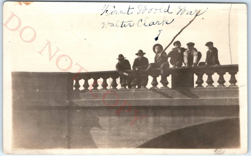 WWI c1910s Army Men on Bridge RPPC Play Fishing Boys USMC Soldiers Photo A134