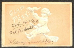 GLAD PASK HALLOWEEN RELATED SWEDEN EASTER CHILD WITCH BROOM POSTCARD 1914
