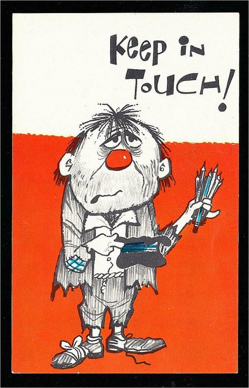 Keep In Touch Beggar Street Vendor Pencil Seller Hobo Comic Postcard 1950s-1960s