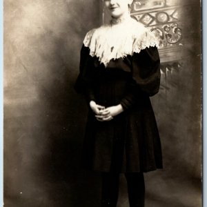 c1910s Cute Young Lady Portrait RPPC Girl Extremely Gloss Smirk Smile Photo A212