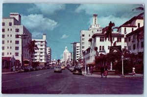 Miami Beach Florida Postcard Looking North Collins Avenue Hotel Exterior c1960