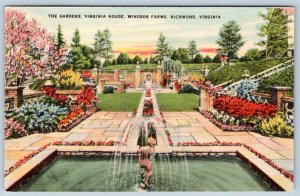 1948 RICHMOND VA*THE GARDENS*VIRGINIA HOUSE*WINDSOR FARMS*VINTAGE LINEN POSTCARD