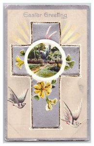 Easter Greetings Foiled Cross Doves Embossed UNP Unused DB Postcard R26