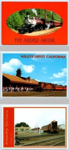 3 Postcards SUPER SKUNK TRAIN ~ Willits & Fort Bragg Railroad Depots 4x6