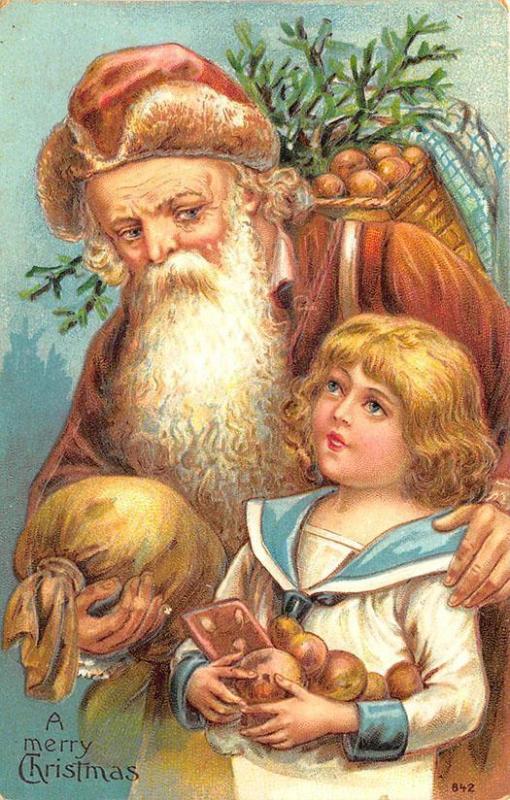 Merry Christmas Brown Suited Santa Claus Girl w/ Fruit Postcard