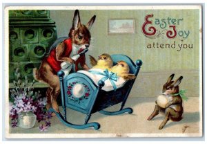 1910 Easter Joy Egg Anthropomorphic Bottle Milk Chick Rocking Crib Postcard