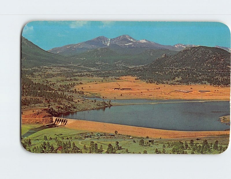 Postcard Spillway and a portion of Lake Estes with Longs Peak Estes Park CO USA