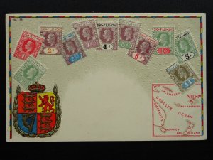 FIJI Philately STAMPS, MAP & HERALDIC ARMS c1910 Embossed Postcard