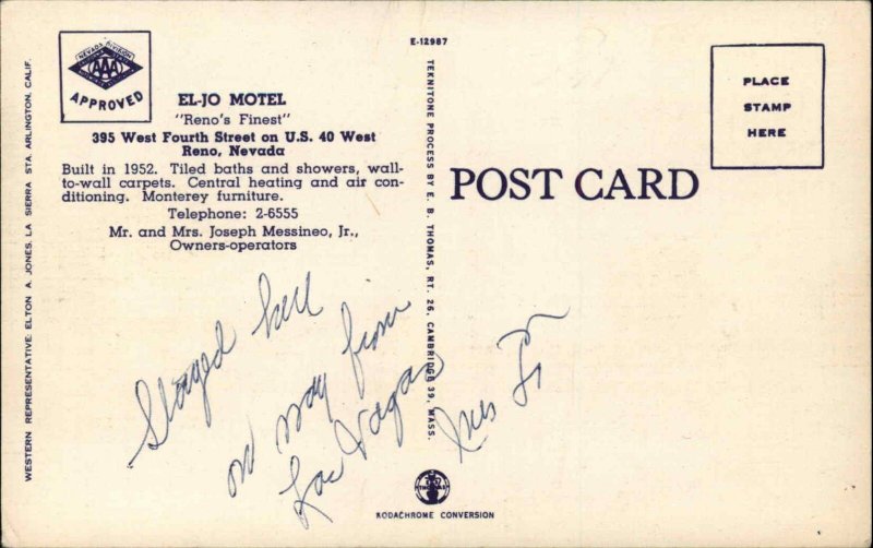 Reno Nevada NV Motel Vintage Postcard