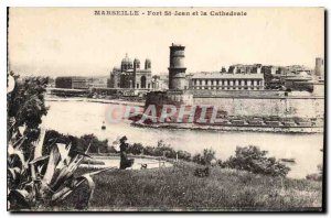 Old Postcard Marseille Fort St John and the Cathedral