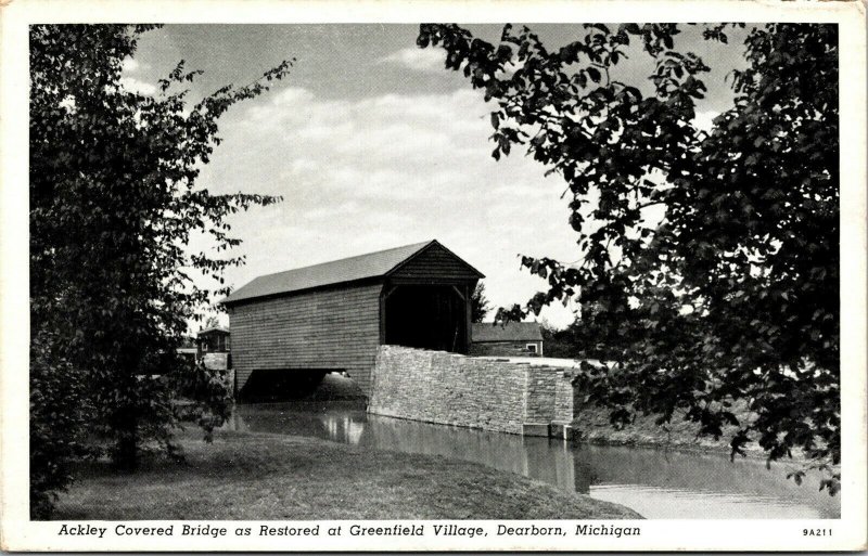 Vtg Dearborn MI Ackley Covered Bridge Greenfield Village 1930s Postcard