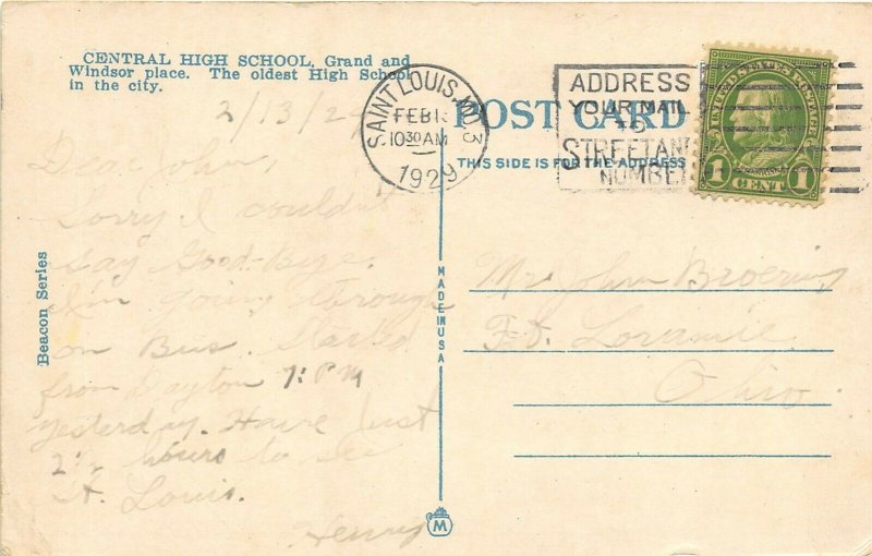 St. Louis Missouri 1929 Postcard Central high School