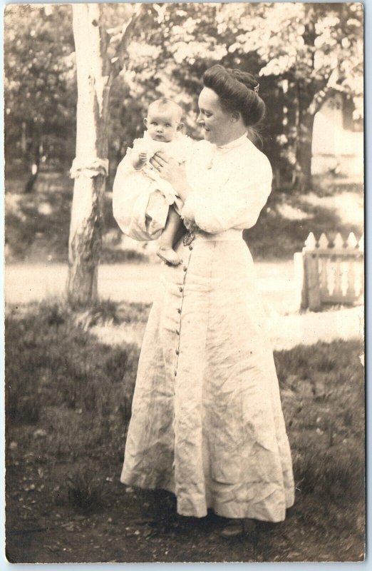 c1910s Adorable Mother Grandmother RPPC Holds Baby Boy Bright Eyes Big Ears A151