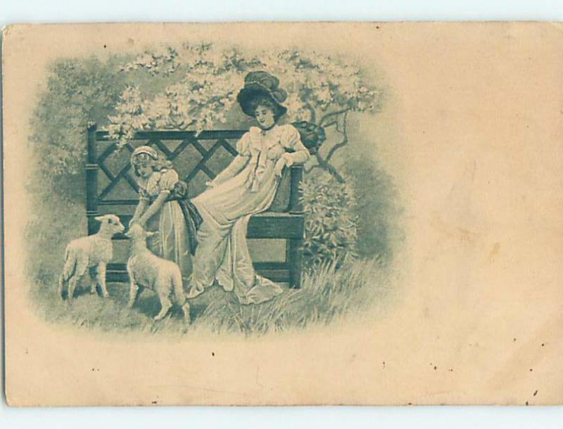 Pre-Linen art nouveau MOM WATCHES GIRL FEEDING BABY LAMBS HL4365