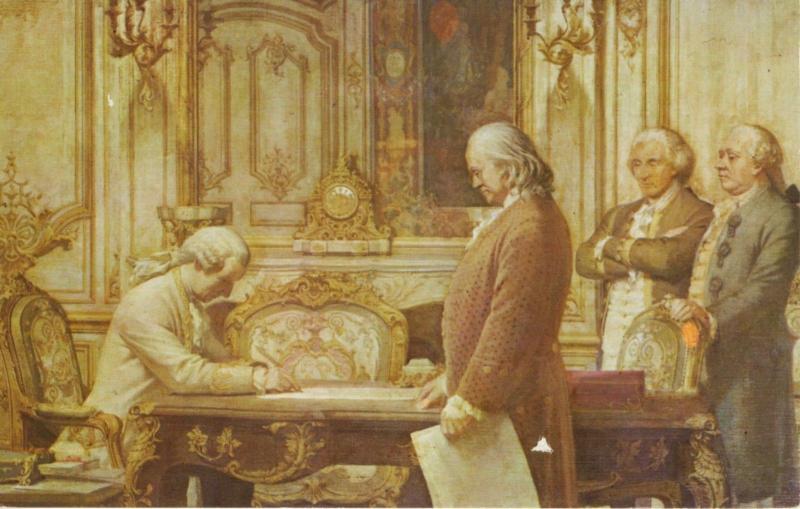 Benjamin Franklin signing Treaty of Alliance with France Postcard
