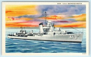 U.S.S. Destroyer MUSTIN ~ DD-413  WWII Era Linen ca 1940s  Postcard