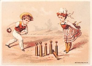 Approx. Size: 1.75 x 4.25 Boy and a girl bowling  Late 1800's Tradecard Non  