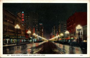 Main Street at Night Salt Lake City Utah Postcard WB UNP ZCMI Zion Co-op cars