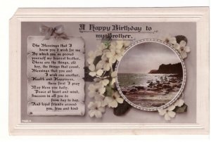 Happy Birthday To My Brother, Poem, Flowers, Seaside, Antique RP Postcard, RPPC